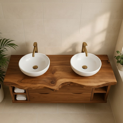 Handcrafted Solid Wood Live-Edge Double Vanity - Rustic Floating Console with Storage Lynnsnail