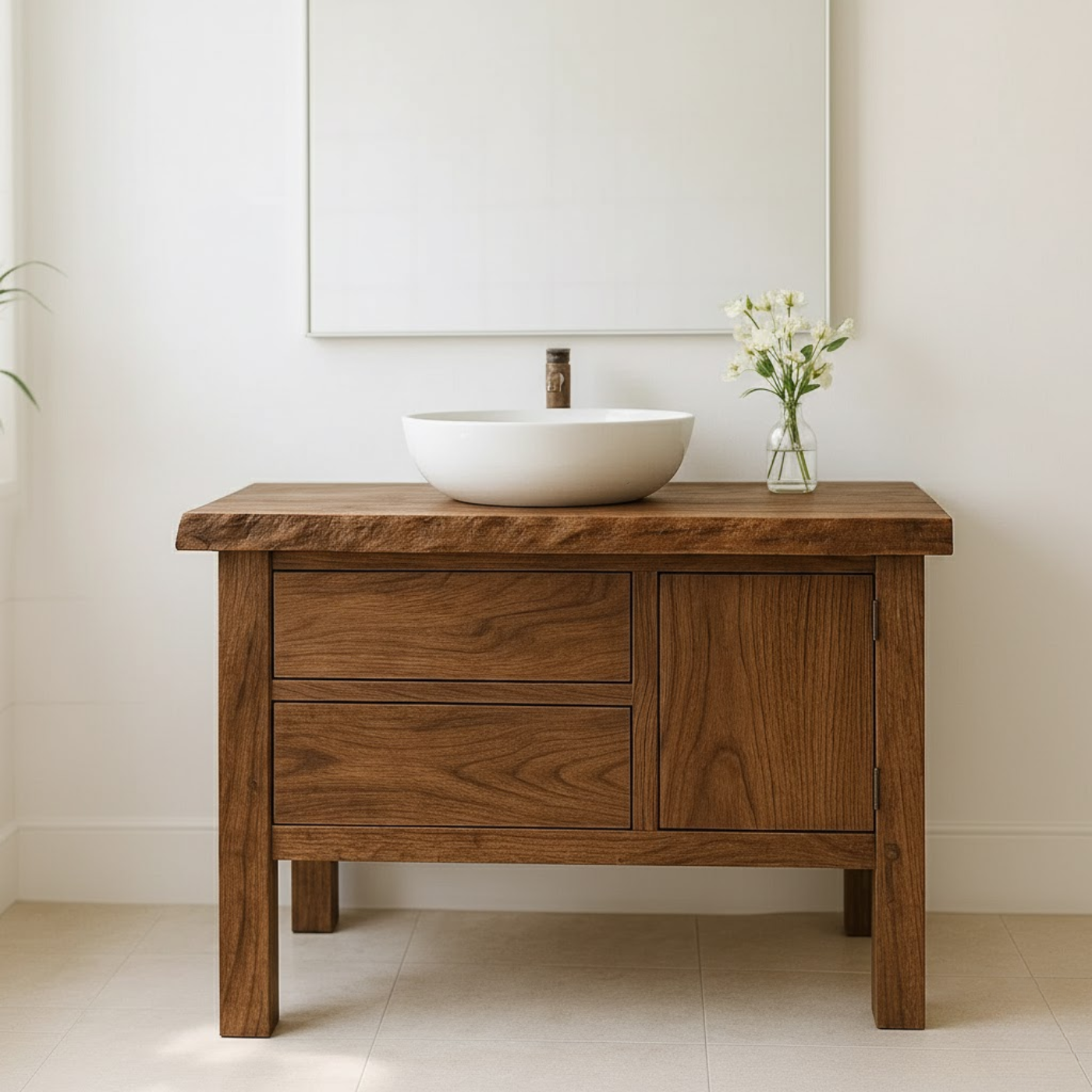 Handcrafted Solid Wood Bathroom Vanity - Live Edge Top, 2 Drawers & Single Door Cabinet Lynnsnail