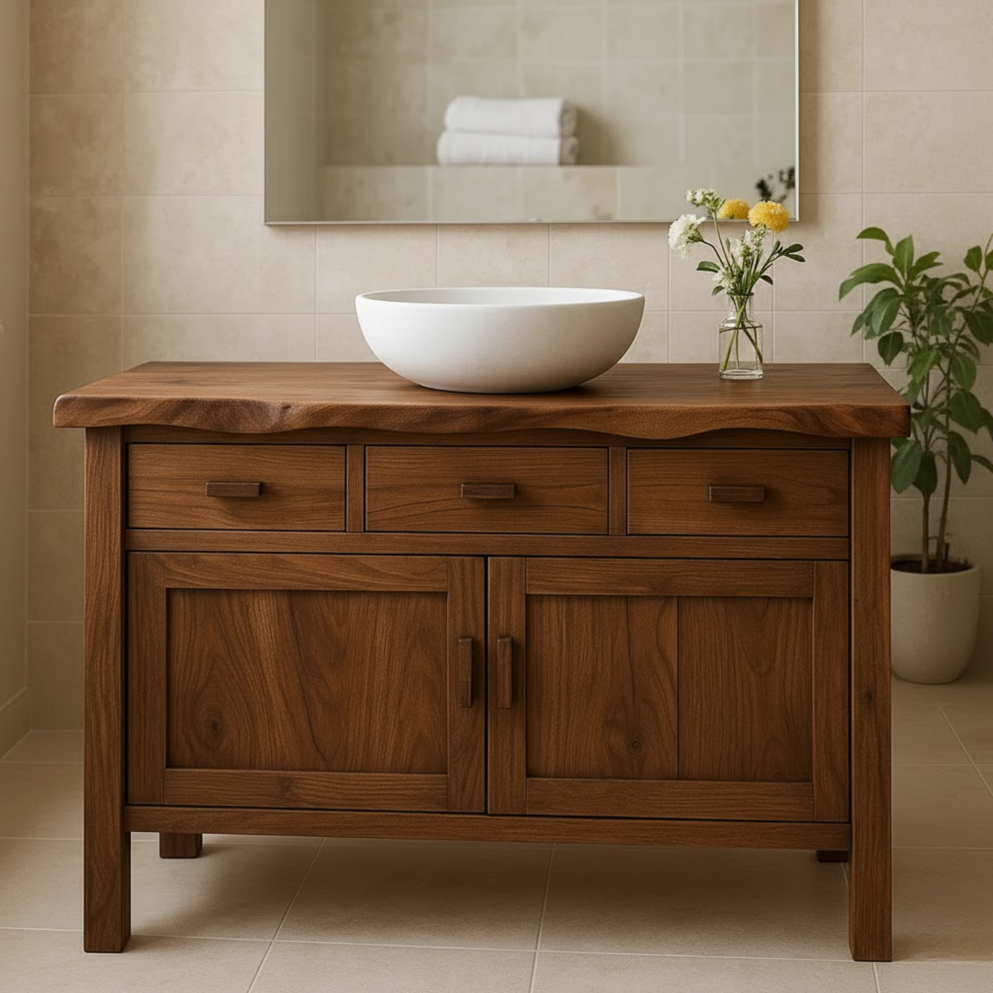Handcrafted Solid Wood Bathroom Vanity - Live Edge Top, 3 Drawers & Double Door Cabinet Lynnsnail
