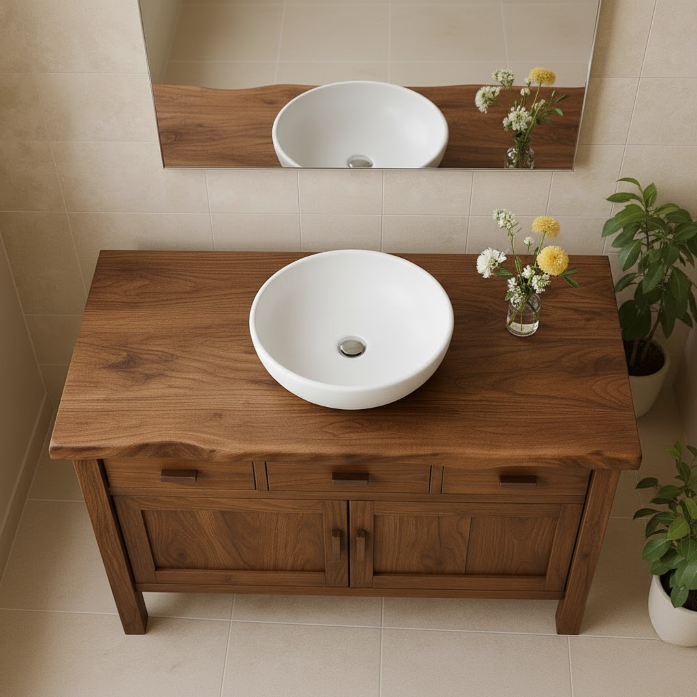Handcrafted Solid Wood Bathroom Vanity - Live Edge Top, 3 Drawers & Double Door Cabinet Lynnsnail