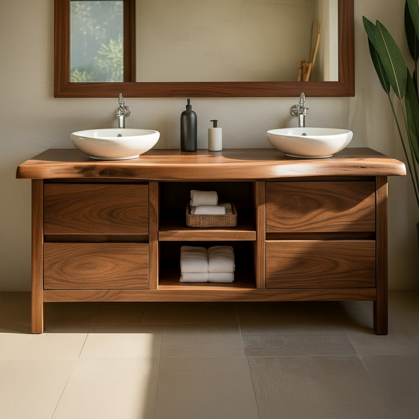 Handcrafted Solid Wood Bathroom Vanity - Live Edge Walnut, Drawers & Open Shelving Lynnsnail