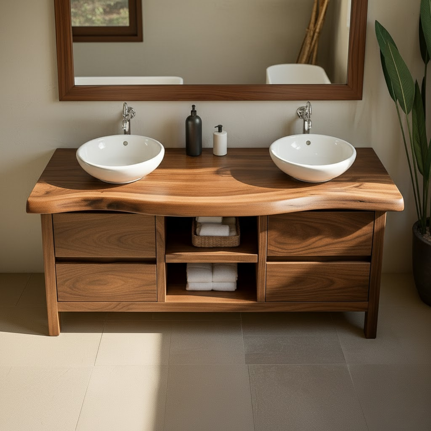 Handcrafted Solid Wood Bathroom Vanity - Live Edge Walnut, Drawers & Open Shelving Lynnsnail
