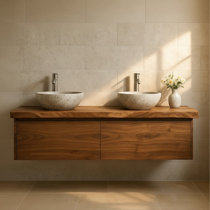 Handcrafted Solid Wood Floating Vanity - Double Sink Live Edge Walnut Console 2-Drawer Lynnsnail