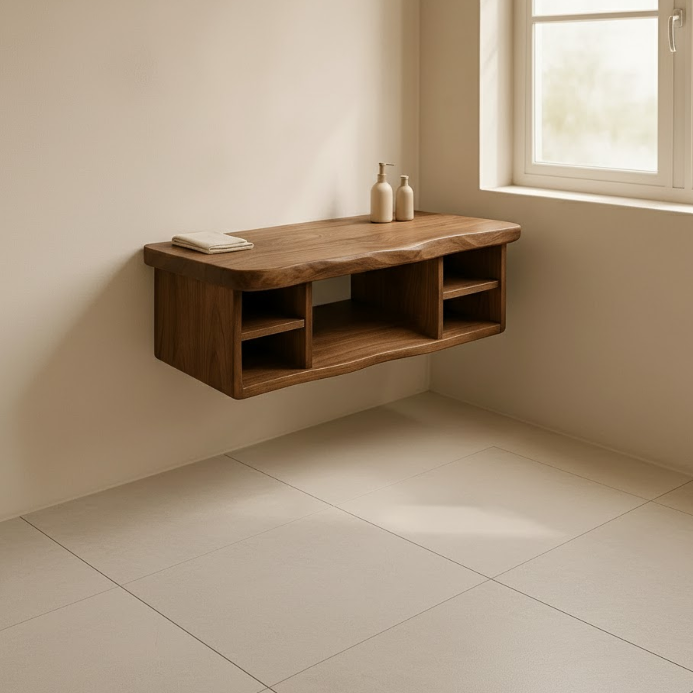 Handcrafted Solid Wood Floating Vanity - All Open Live Edge Console with Display Shelves Lynnsnail