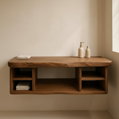Handcrafted Solid Wood Floating Vanity - All Open Live Edge Console with Display Shelves Lynnsnail