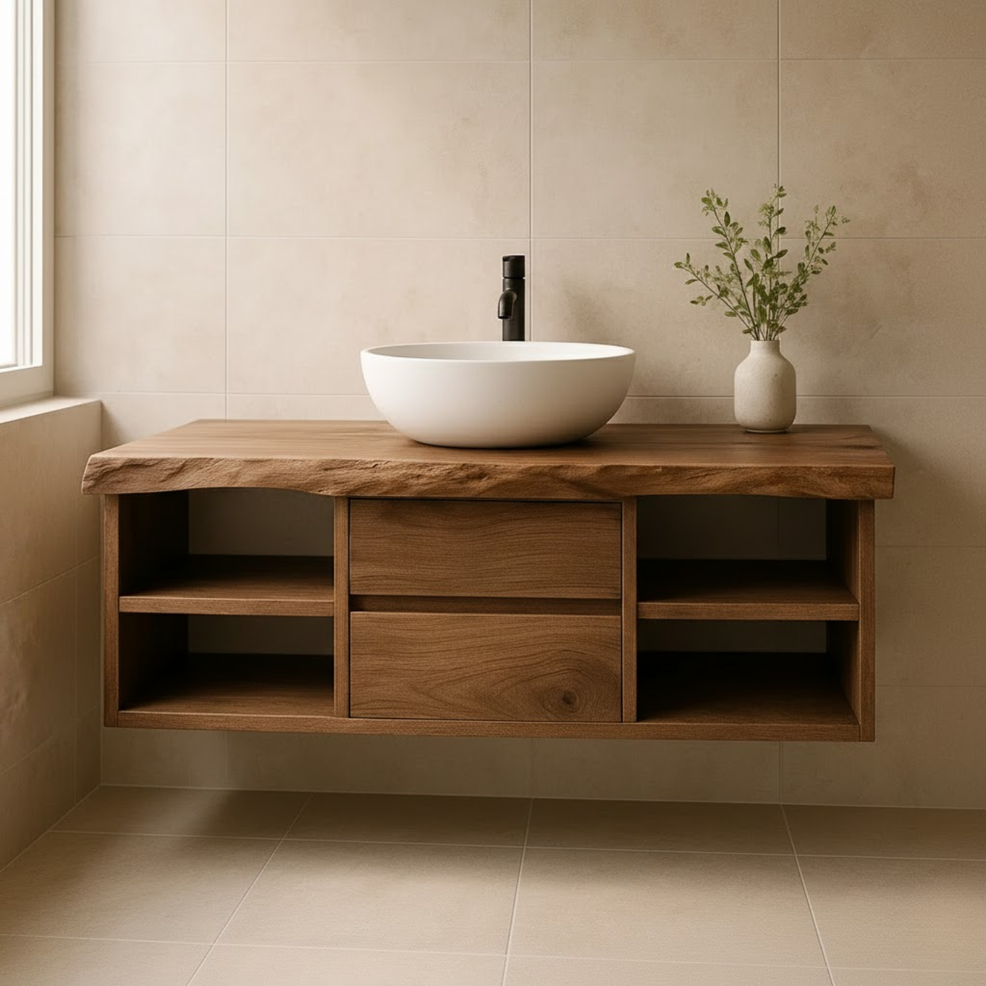 Handcrafted Solid Wood Floating Vanity - Live Edge Console with Central Drawers & Open Shelving Lynnsnail