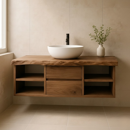 Handcrafted Solid Wood Floating Vanity - Live Edge Console with Central Drawers & Open Shelving Lynnsnail