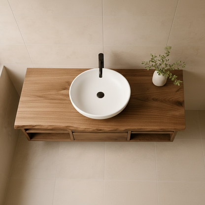 Handcrafted Solid Wood Floating Vanity - Live Edge Console with Central Drawers & Open Shelving Lynnsnail
