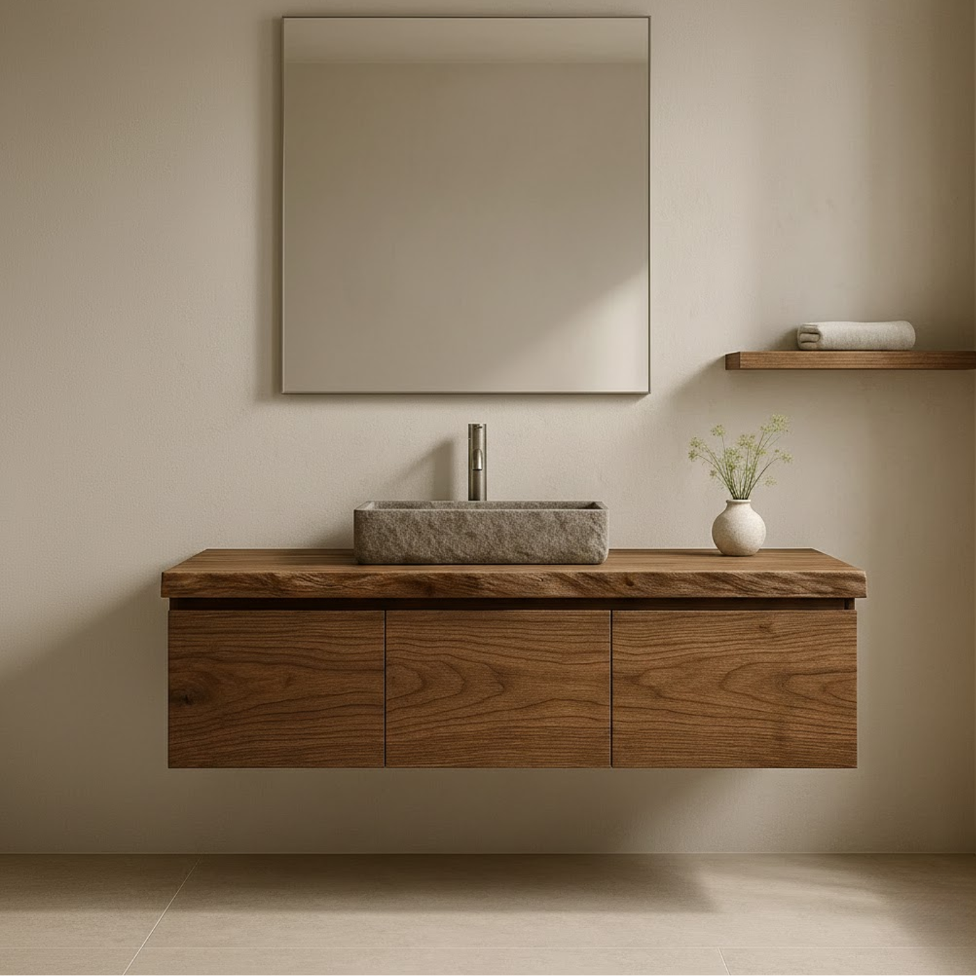 Handcrafted Solid Wood Floating Vanity - 3-Drawer Live Edge Walnut for Vessel Sink Lynnsnail
