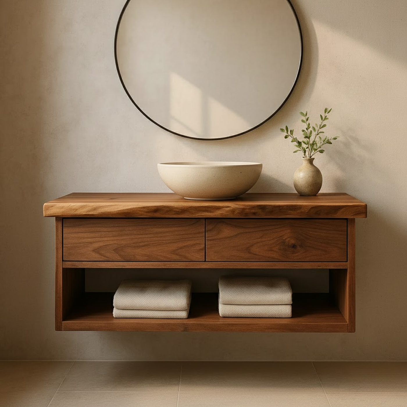 Handcrafted Solid Wood Floating Vanity - Live Edge Walnut with 2 Drawers & Open Shelf Lynnsnail