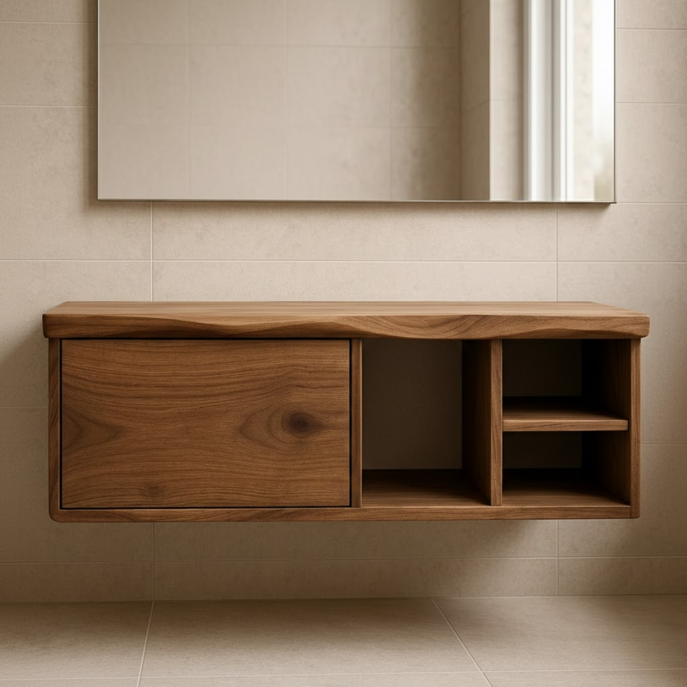 Handcrafted Solid Wood Floating Vanity - Asymmetrical Walnut Console with Hidden & Open Storage Lynnsnail