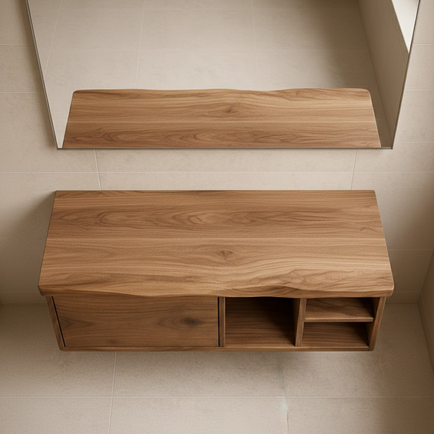 Handcrafted Solid Wood Floating Vanity - Asymmetrical Walnut Console with Hidden & Open Storage Lynnsnail