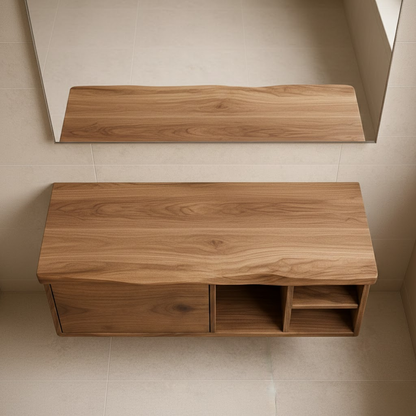 Handcrafted Solid Wood Floating Vanity - Asymmetrical Walnut Console with Hidden & Open Storage Lynnsnail