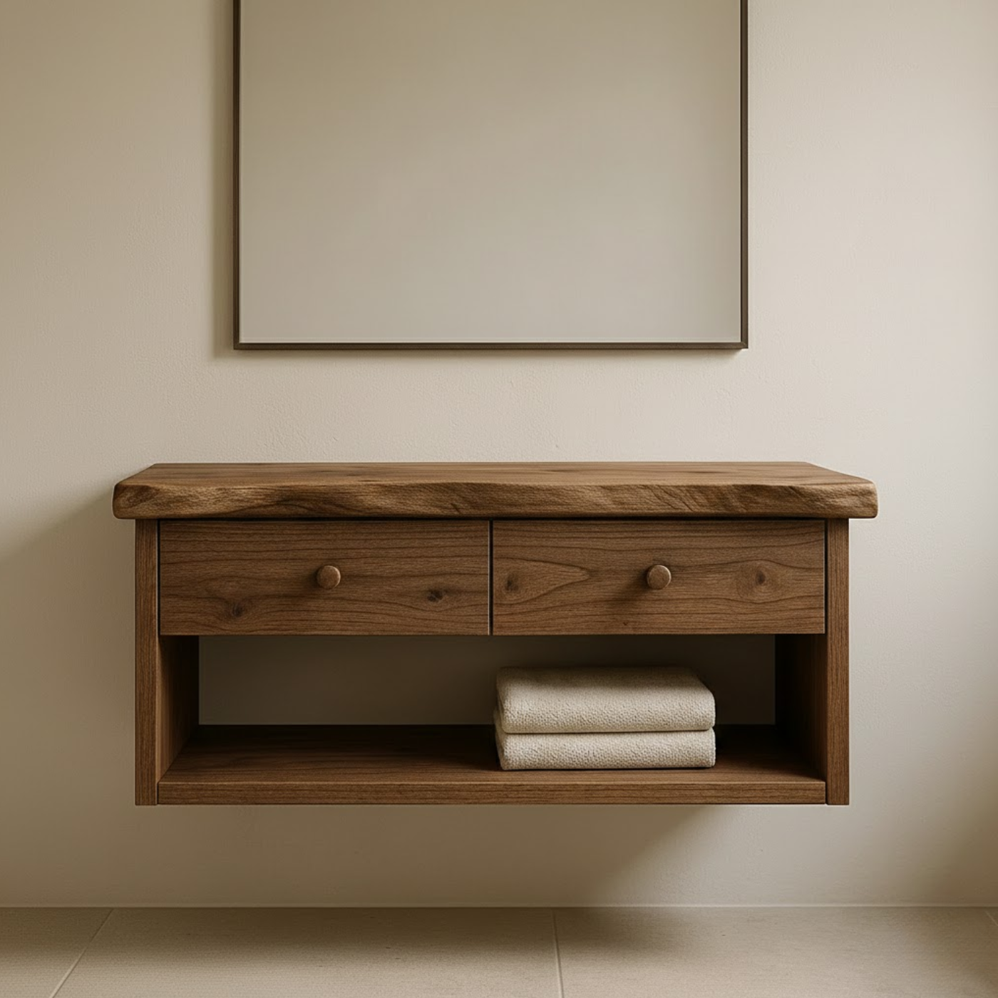 Handcrafted Solid Wood Floating Vanity - Live Edge Walnut Console with 2 Drawers & Open Shelf Lynnsnail