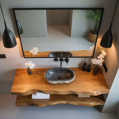 Handcrafted Solid Wood Floating Vanity, Organic Live Edge Vessel Sink Console Lynnsnail