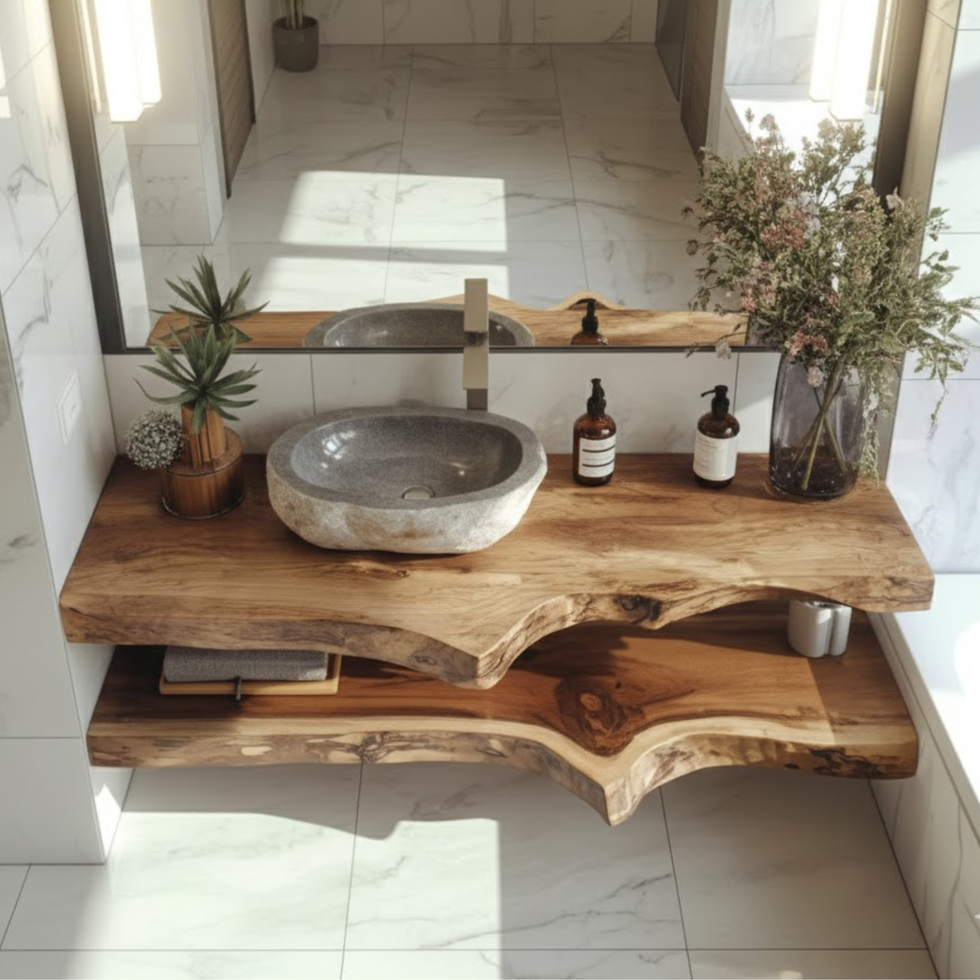 Handcrafted Solid Wood Floating Vanity – Live Edge Two-Tier Console Lynnsnail