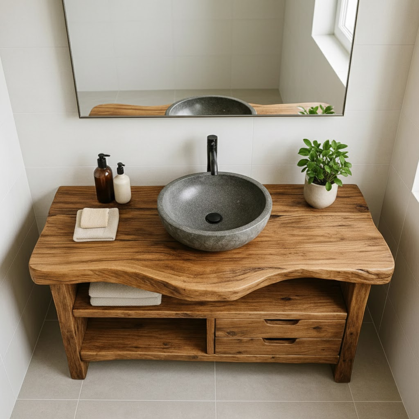 Handcrafted Solid Wood Bathroom Vanity, Rustic Live Edge Console with Storage Lynnsnail
