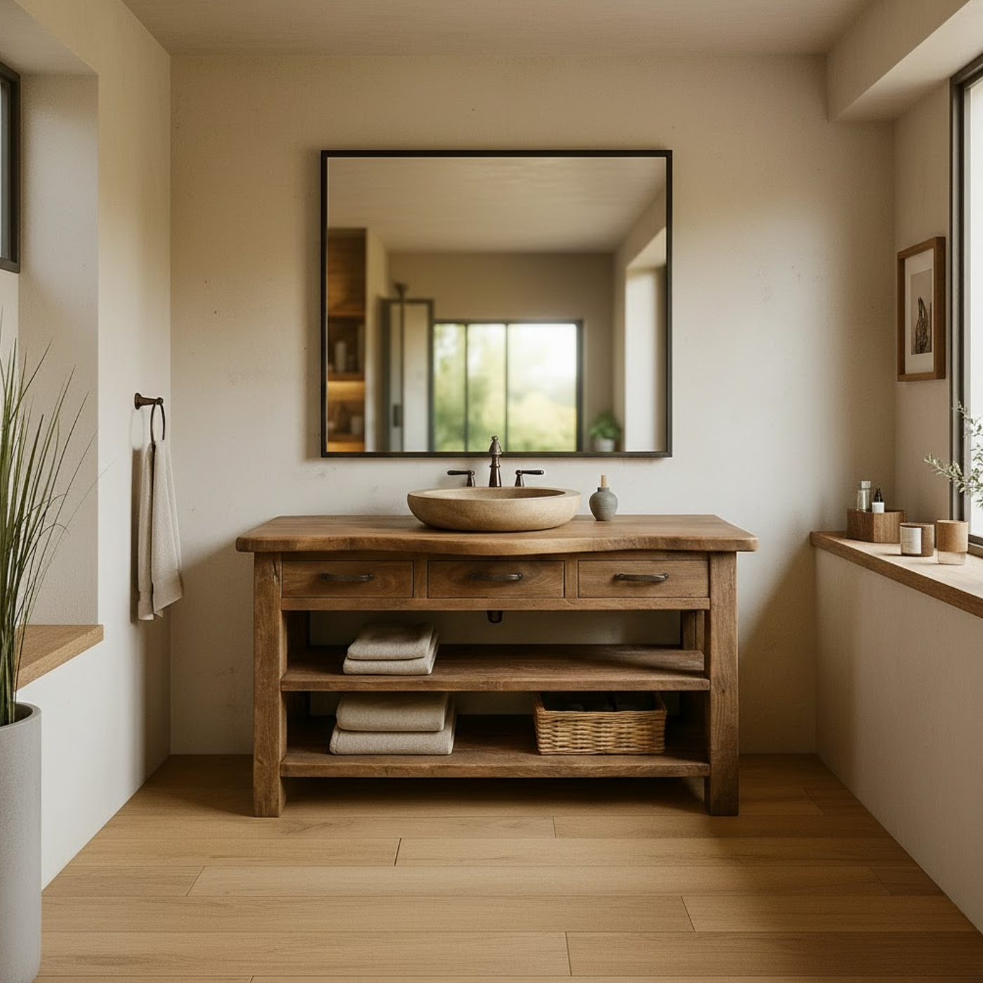 Handcrafted Solid Wood Bathroom Vanity with Curved Live-Edge Top and Triple Storage Drawers Lynnsnail