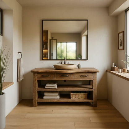 Handcrafted Solid Wood Bathroom Vanity with Curved Live-Edge Top and Triple Storage Drawers Lynnsnail