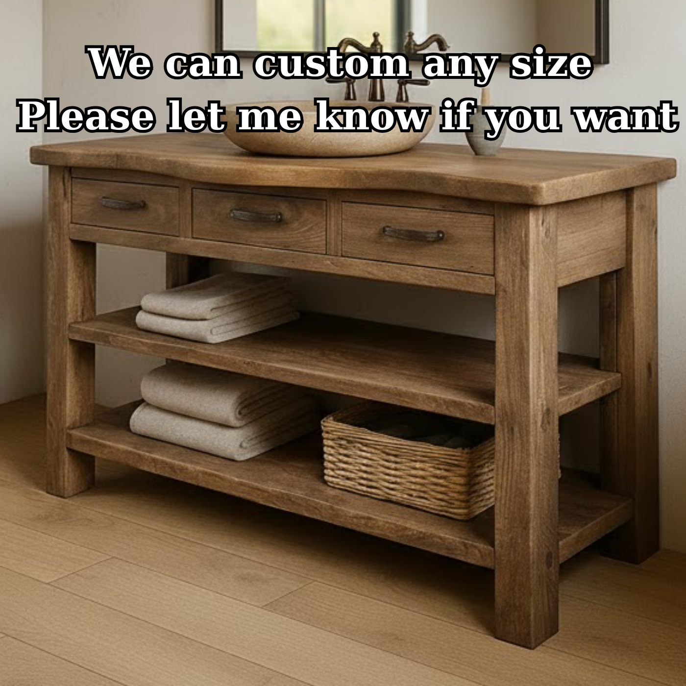 Handcrafted Solid Wood Bathroom Vanity with Curved Live-Edge Top and Triple Storage Drawers Lynnsnail