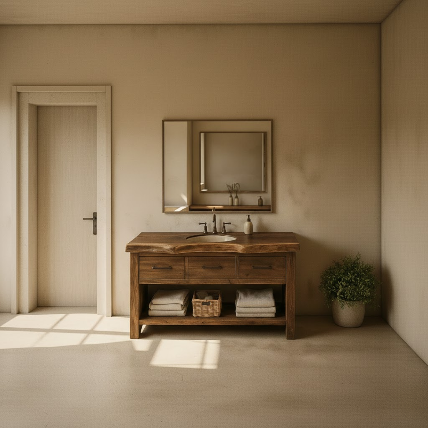 Handcrafted Solid Wood Bathroom Vanity with Live Edge Top, Triple Drawers & Open Storage Shelf Lynnsnail