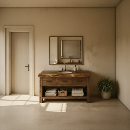 Handcrafted Solid Wood Bathroom Vanity with Live Edge Top, Triple Drawers & Open Storage Shelf Lynnsnail