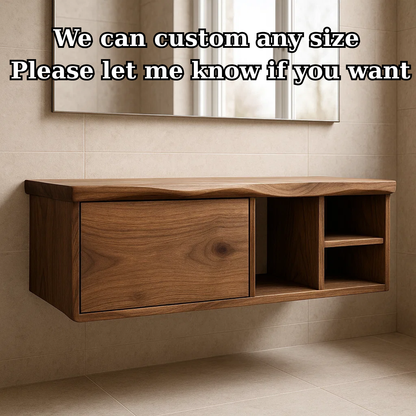 Handcrafted Solid Wood Floating Vanity - Asymmetrical Walnut Console with Hidden & Open Storage Lynnsnail