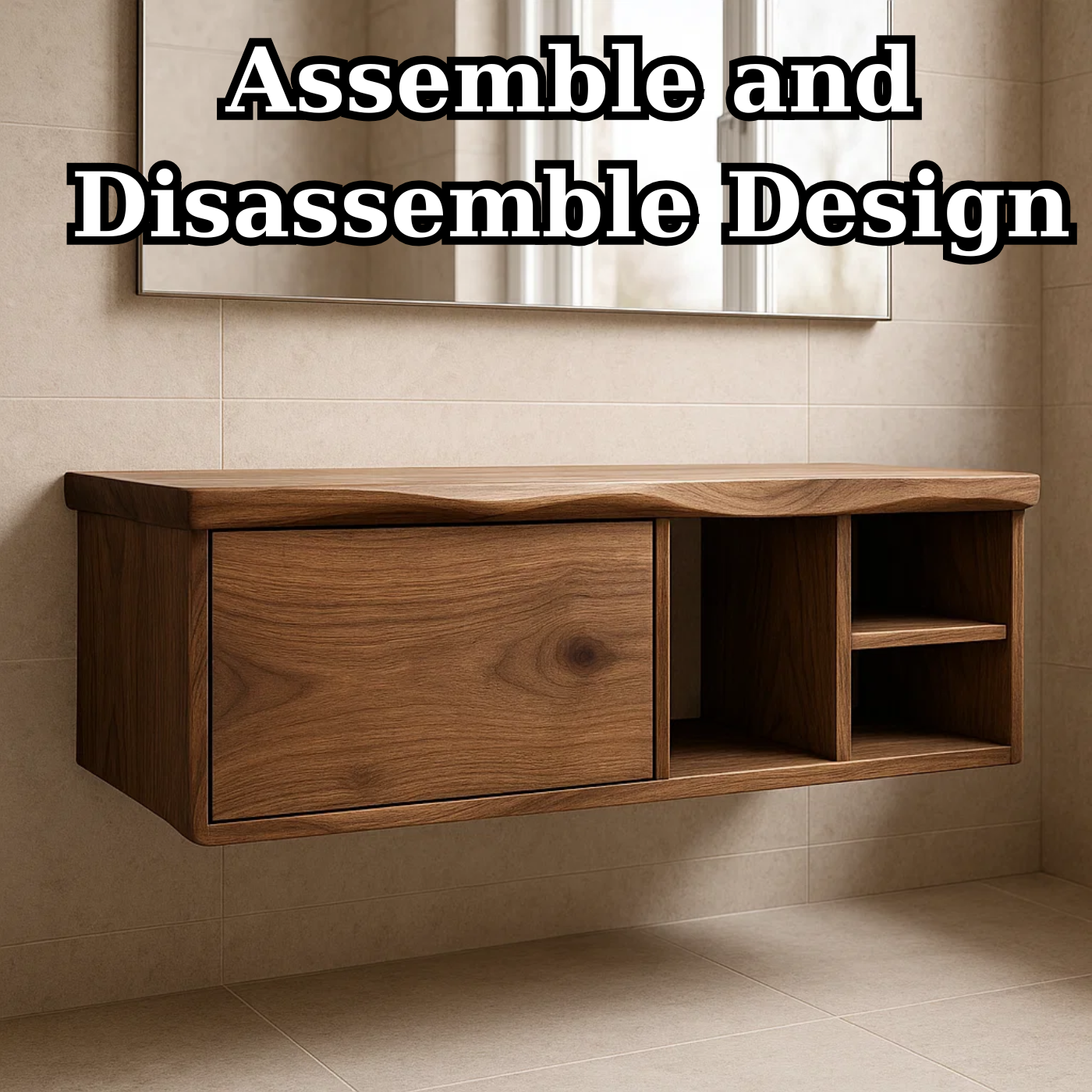 Handcrafted Solid Wood Floating Vanity - Asymmetrical Walnut Console with Hidden & Open Storage Lynnsnail
