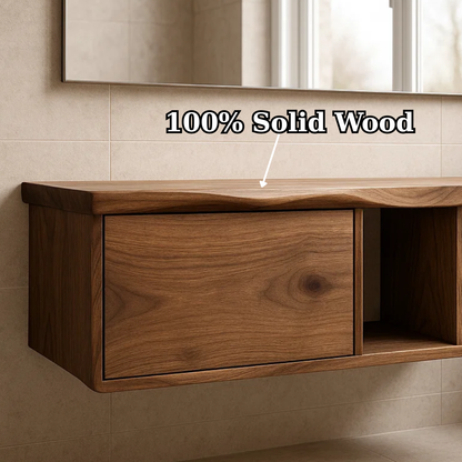 Handcrafted Solid Wood Floating Vanity - Asymmetrical Walnut Console with Hidden & Open Storage Lynnsnail