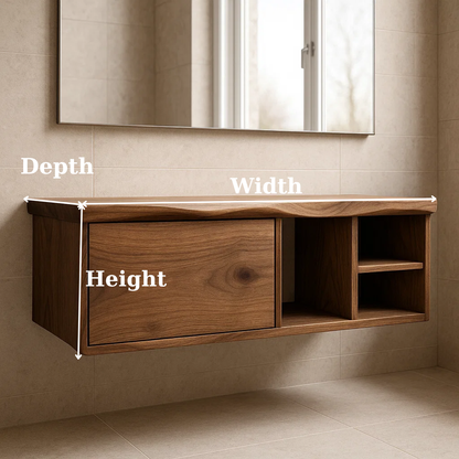 Handcrafted Solid Wood Floating Vanity - Asymmetrical Walnut Console with Hidden & Open Storage Lynnsnail