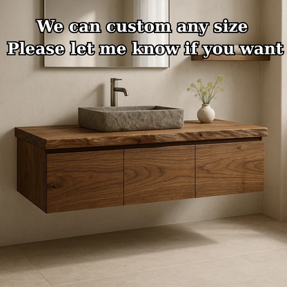 Handcrafted Solid Wood Floating Vanity - 3-Drawer Live Edge Walnut for Vessel Sink Lynnsnail