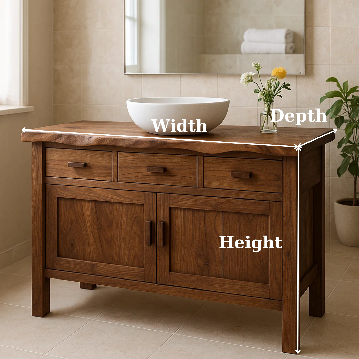 Handcrafted Solid Wood Bathroom Vanity - Live Edge Top, 3 Drawers & Double Door Cabinet Lynnsnail