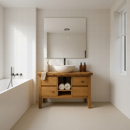 Handcrafted Solid Wood Bathroom Vanity - Live Edge Top with Drawers & Open Shelf Storage Lynnsnail