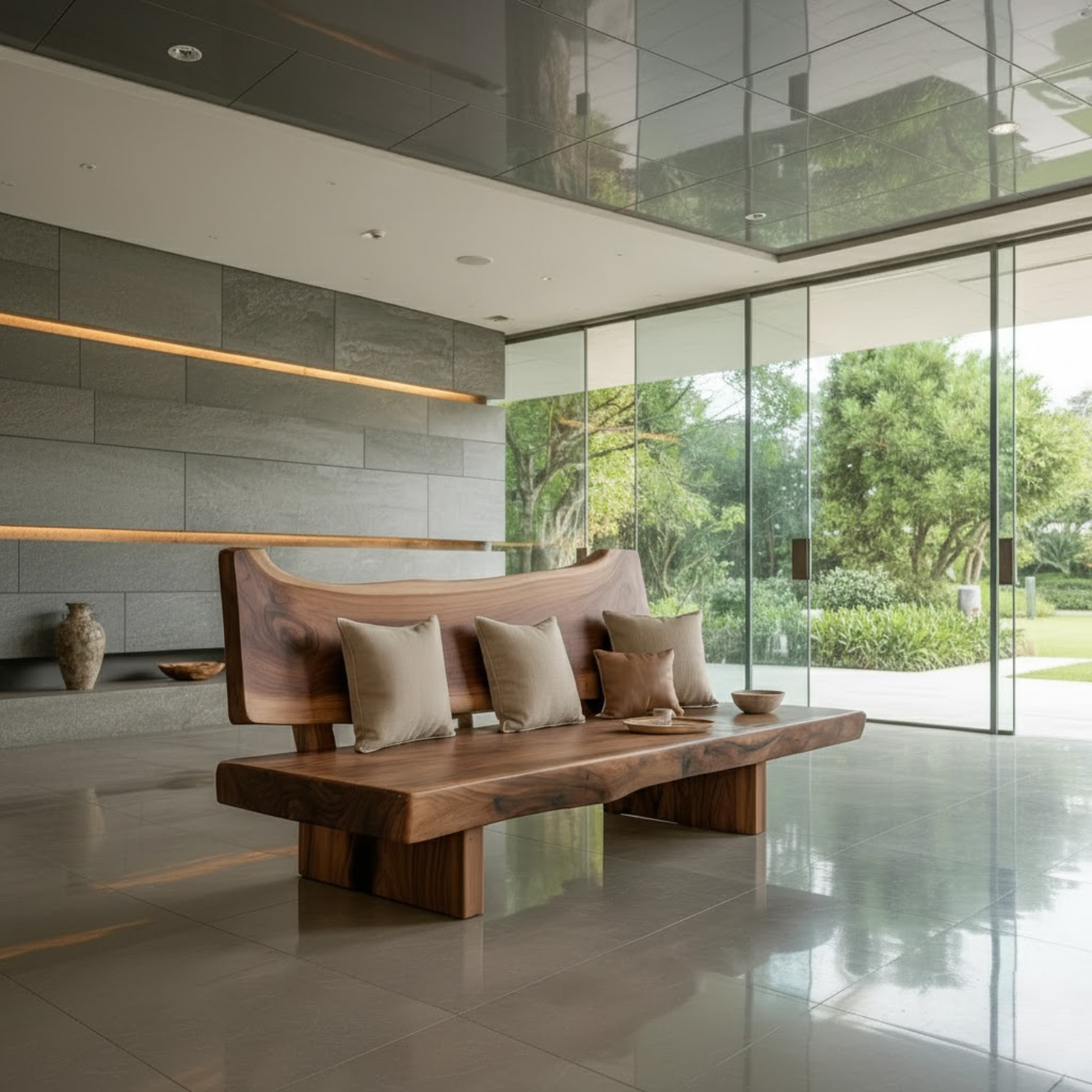 Handcrafted Solid Wood Sofa – Rustic Live Edge Wood Bench Couch with Sculpted Backrest Design