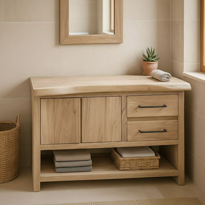 Handcrafted Solid Wood Bathroom Vanity with Live Edge Maple Top and Storage Shelves