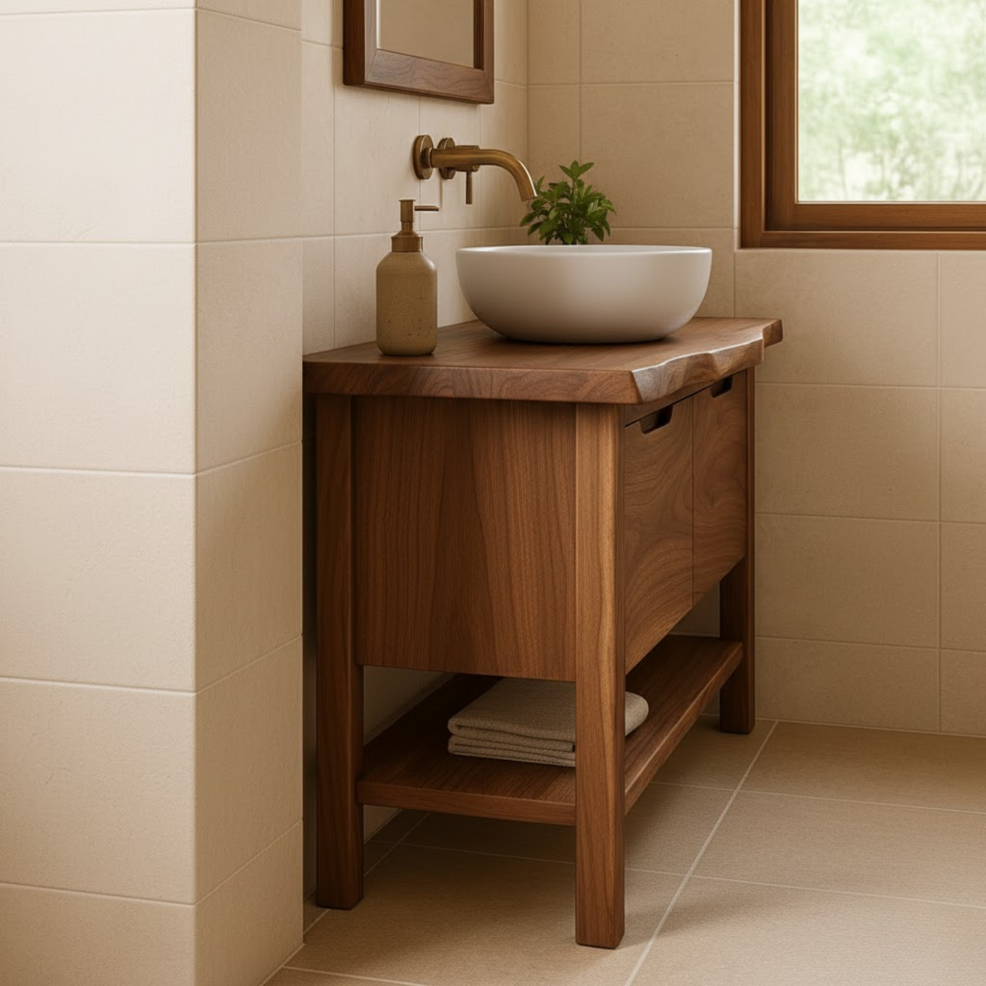 Handcrafted Solid Wood Bathroom Vanity with Live Edge Walnut Top and Open Shelf