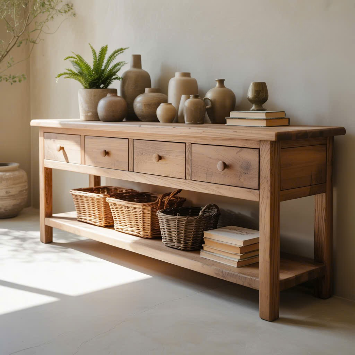 Handcrafted Solid Wood Console Table – Rustic Natural Finish with Drawers & Open Shelf