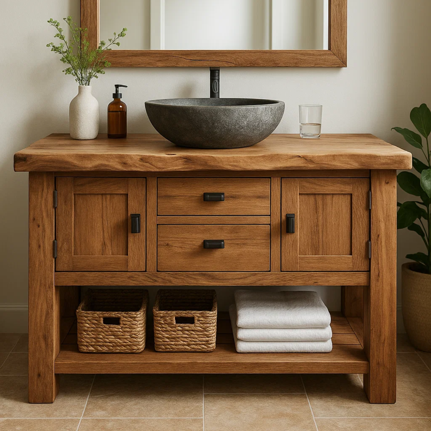 Handcrafted Solid Wood Bathroom Vanity - Cabinet & Drawer Storage