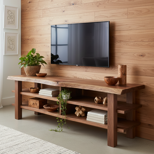 Handcrafted Solid Wood TV Stand - Live Edge Two-Tier Media Console, Easy Assembly