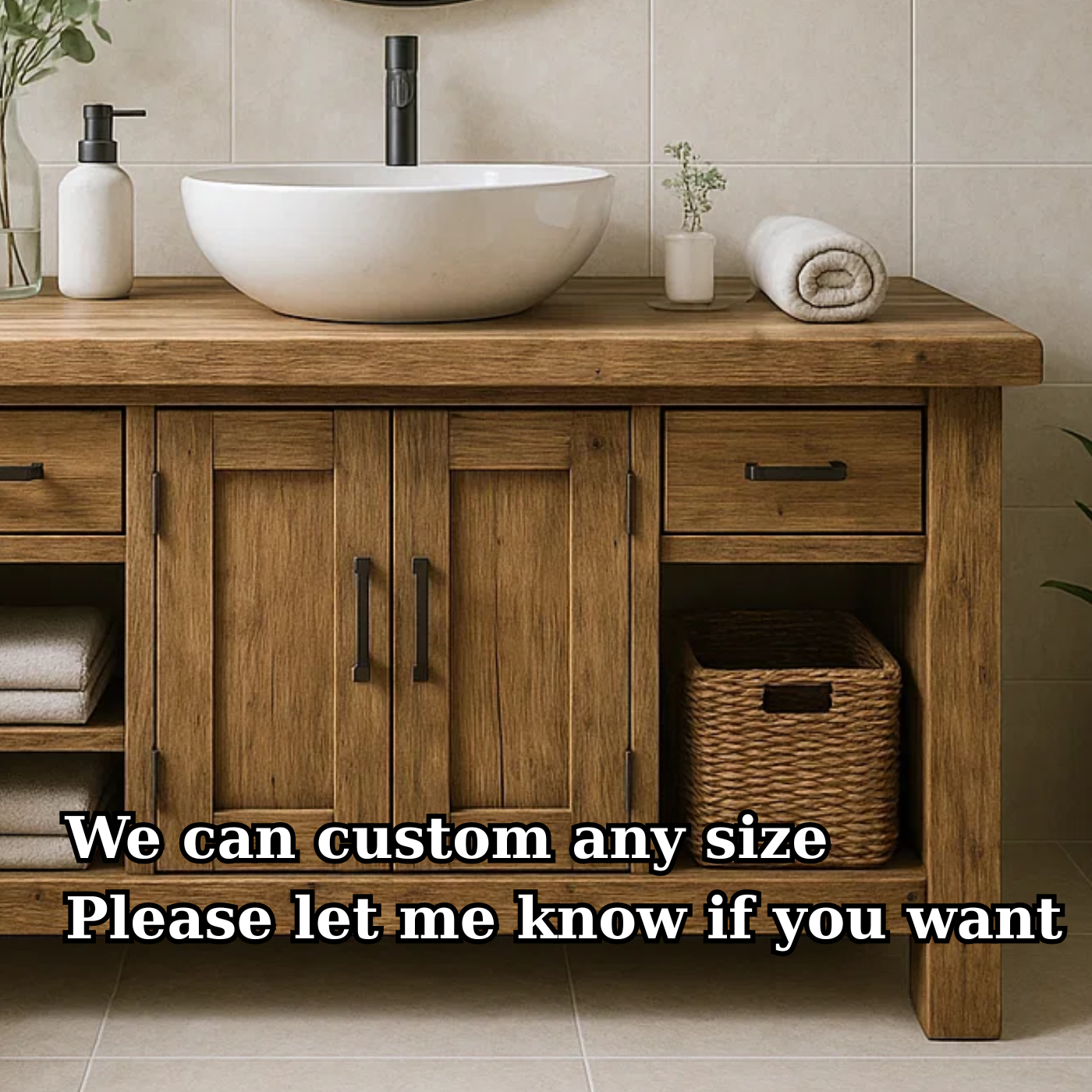 Handcrafted Farmhouse Solid Wood Bathroom Vanity - Rustic Washstand with Open Shelves and Vessel Sink Top