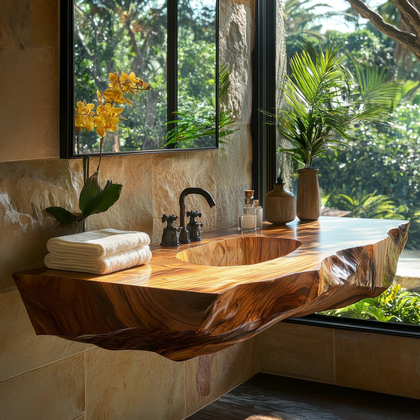 Cavero Sculpted Live Edge Solid Wood Floating Bathroom Vanity with Integrated Sink SPA248842 Lynnsnail