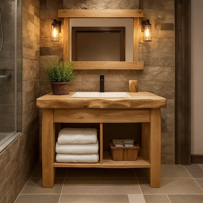 Handcrafted Solid Wood Bathroom Vanity with Natural Live Edge and Open Shelf Rustic Design Lynnsnail