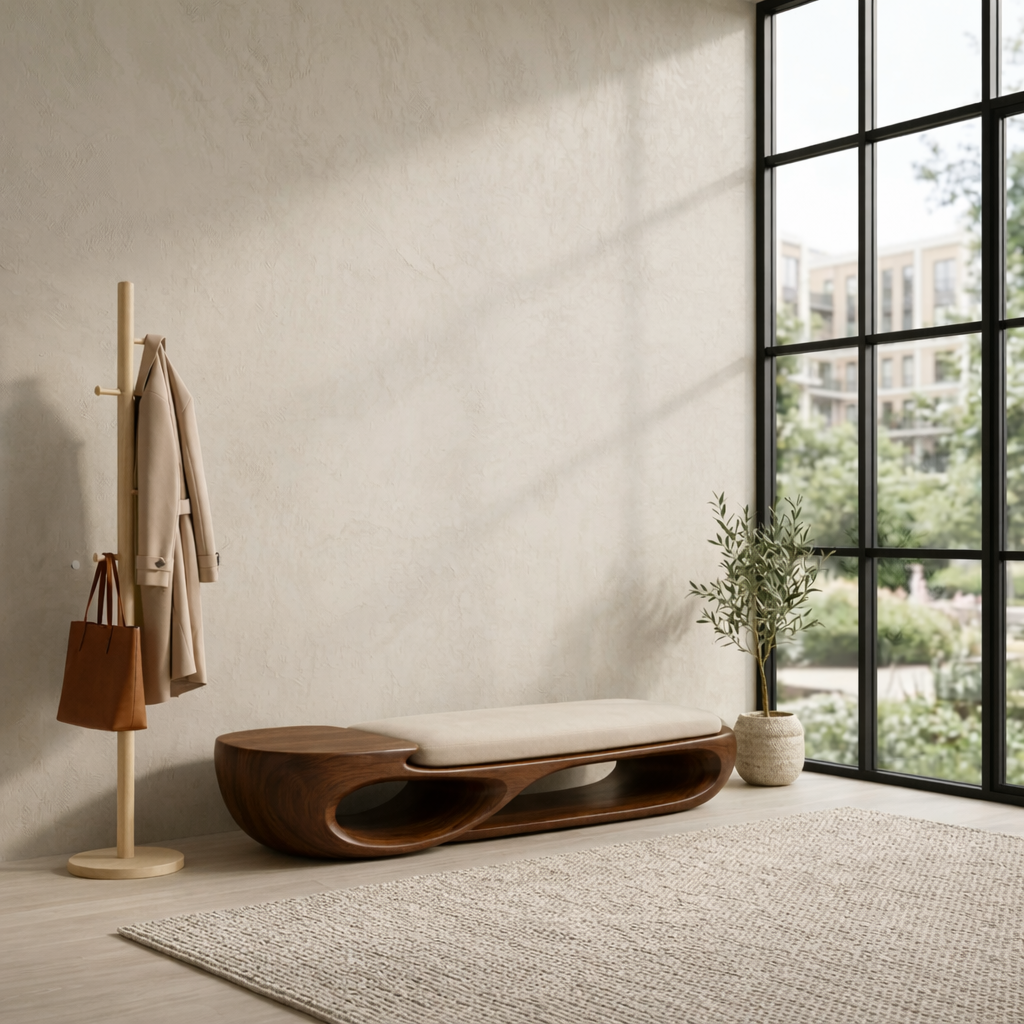 Double Curve Solid Wood Entryway Bench – Sculptural Modern Organic Design Lynnsnail