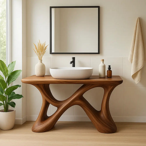 Handcrafted Solid Wood Bathroom Vanity – Sculptural Organic X-Form Base with Modern Artistic Flow Lynnsnail