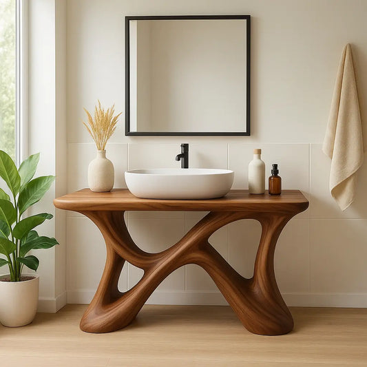 Handcrafted Solid Wood Bathroom Vanity – Sculptural Organic X-Form Base with Modern Artistic Flow Lynnsnail