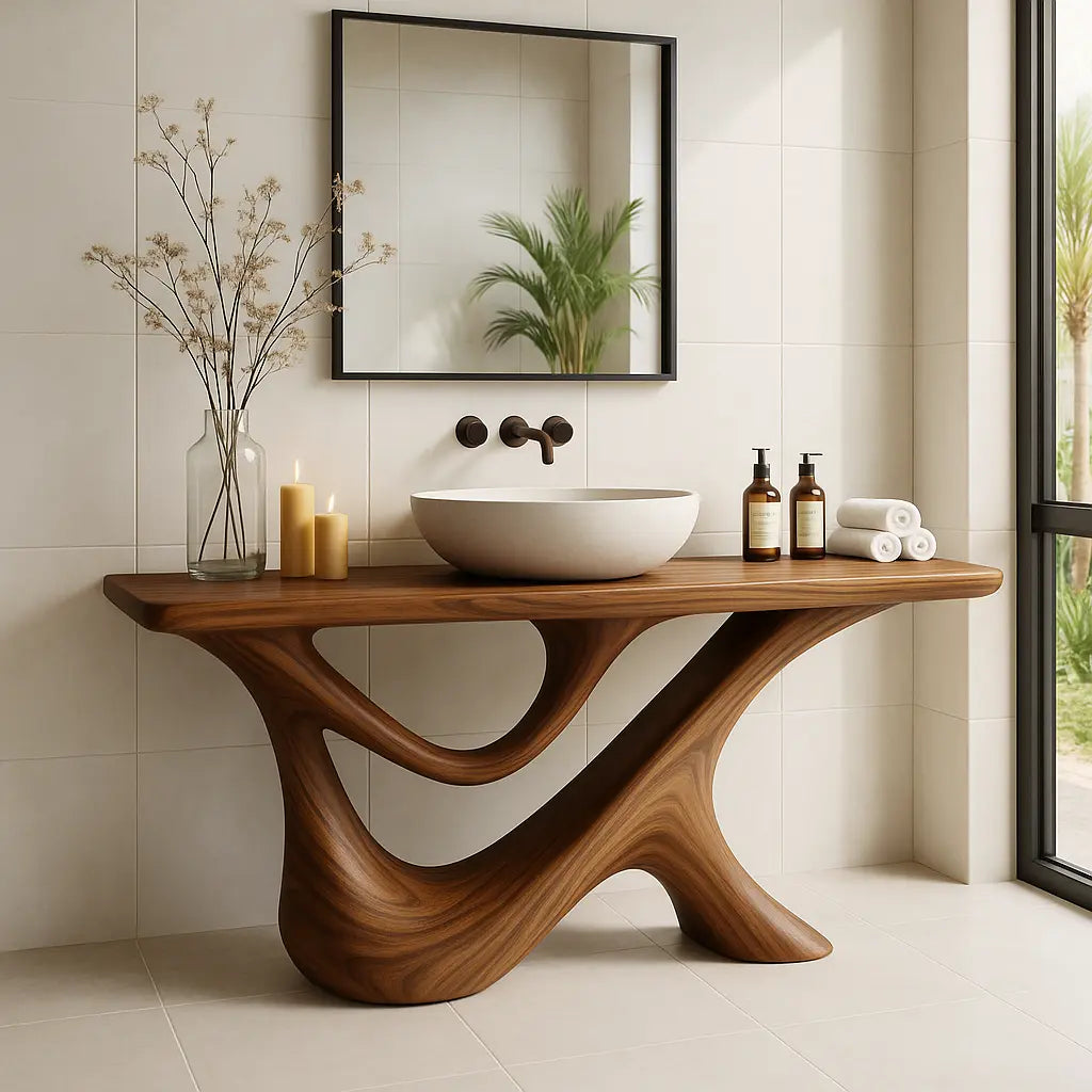 Handcrafted Solid Wood Bathroom Vanity – Sculptural Organic Y-Form Base with Natural Flow Design Lynnsnail