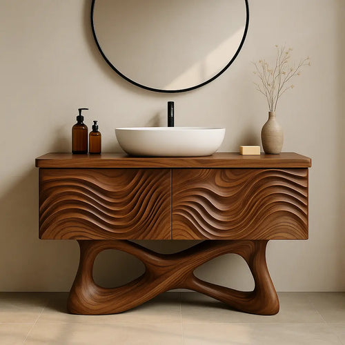 Handcrafted Solid Walnut Bathroom Vanity – Sculptural Wave Front with Organic Twisted Base Design Lynnsnail