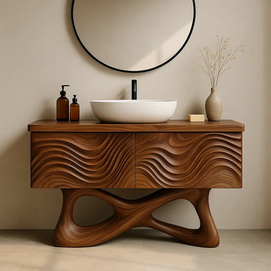 Handcrafted Solid Walnut Bathroom Vanity – Sculptural Wave Front with Organic Twisted Base Design Lynnsnail