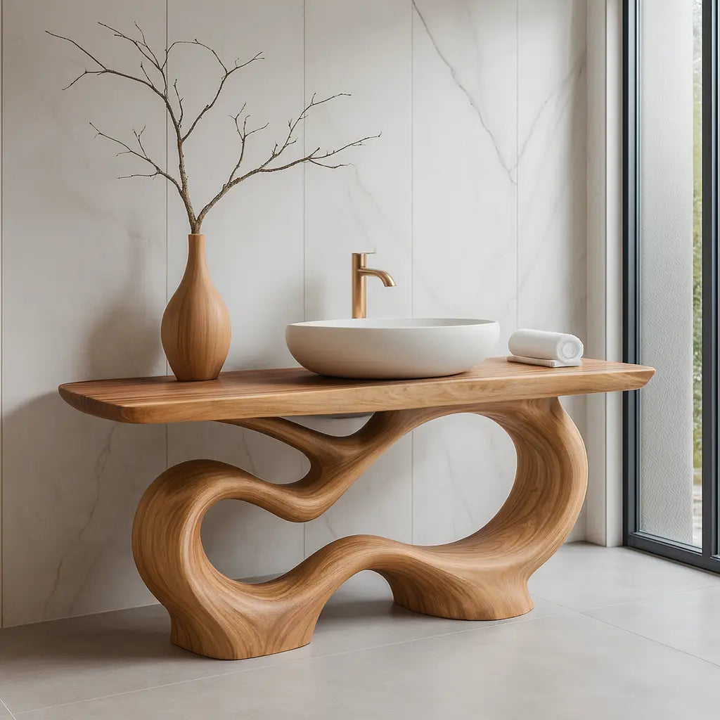 Handcrafted Solid Wood Sculptural Vanity with Organic Curved Base for Modern Interiors Lynnsnail