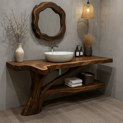 Handcrafted Solid Wood Vanity with Tree-Root Inspired Base and Organic Live Edge Design Lynnsnail